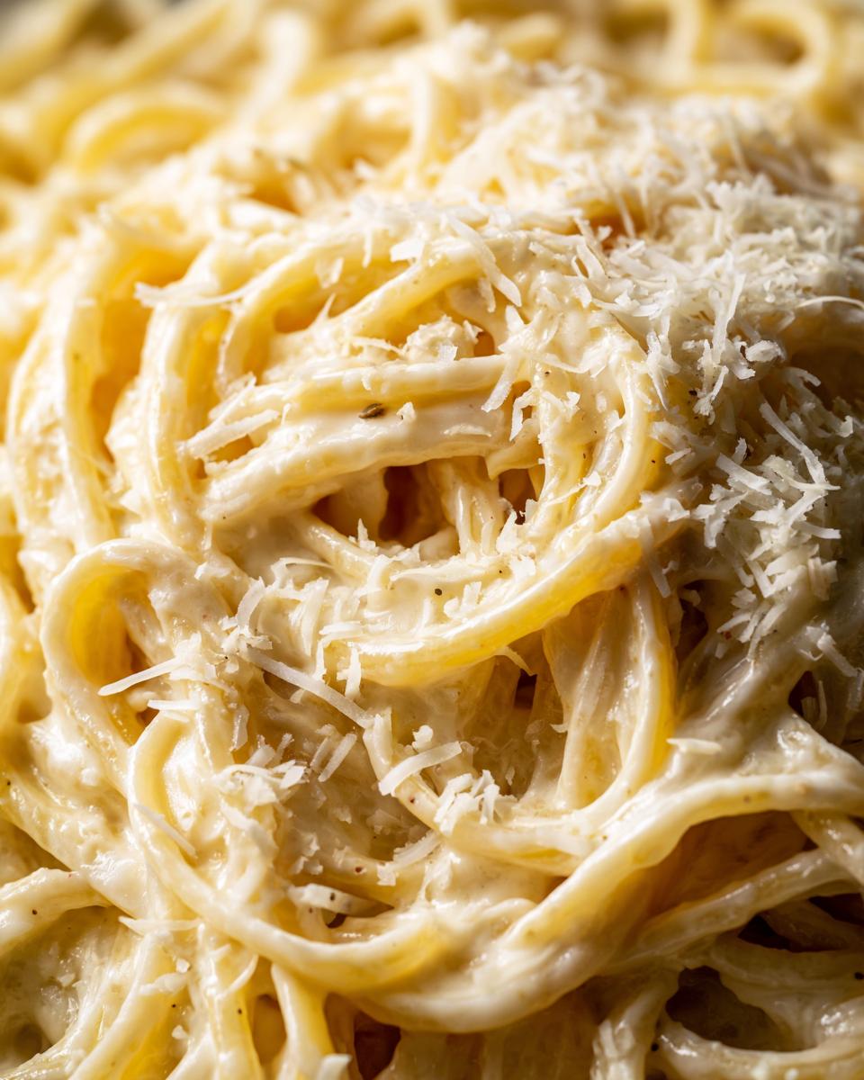 Extreme close-up of creamy spaghetti noodles coated in sauce and topped with grated parmesan pasta.