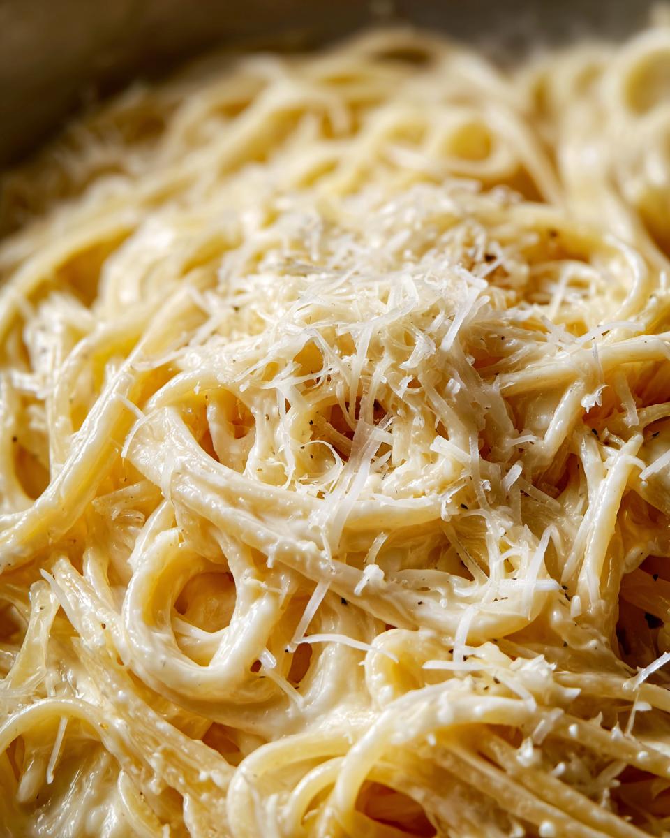 Close-up of creamy spaghetti coated in sauce and topped generously with shredded parmesan pasta.