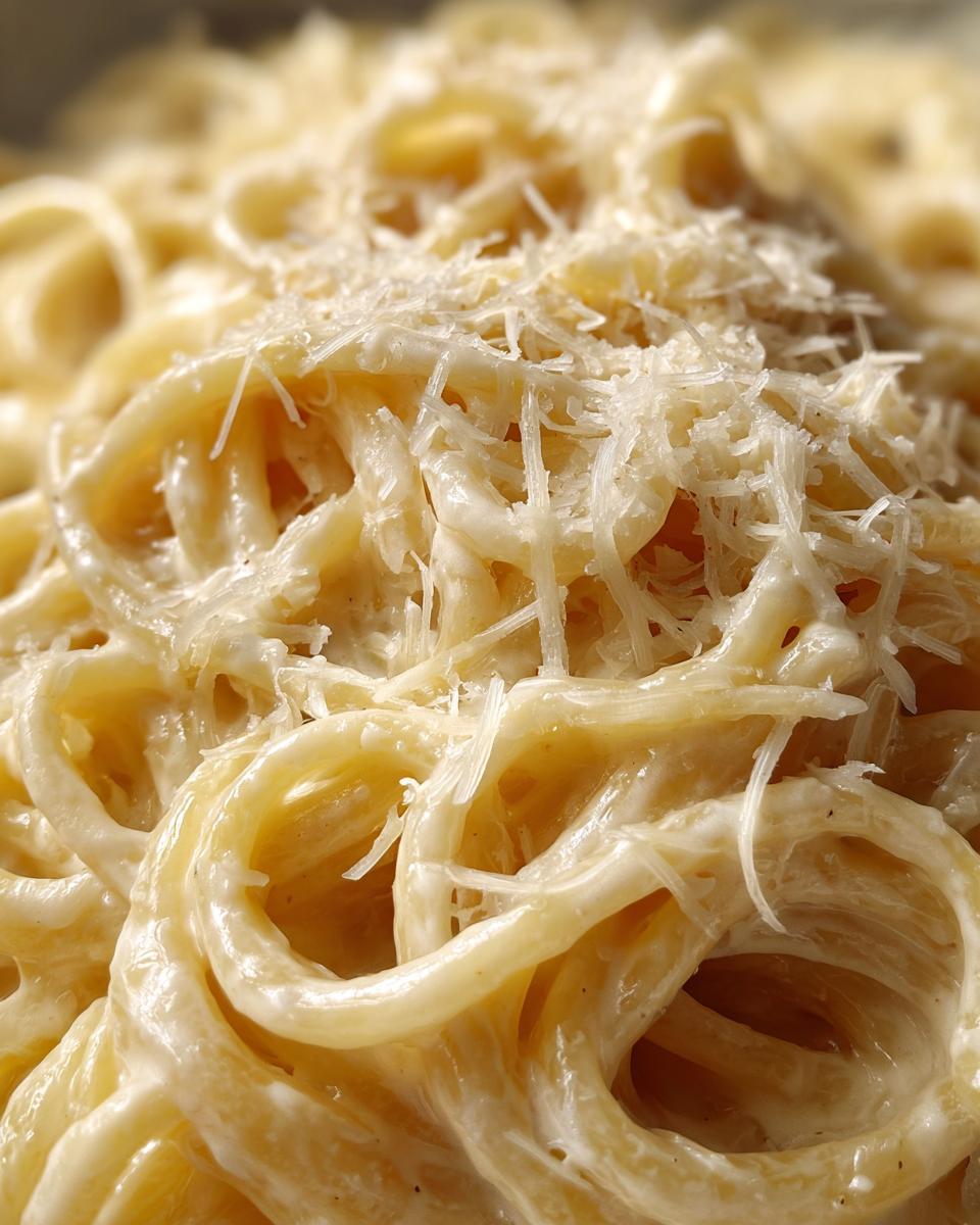 Extreme close-up of creamy parmesan pasta coated in a rich sauce and generously topped with freshly grated parmesan cheese.