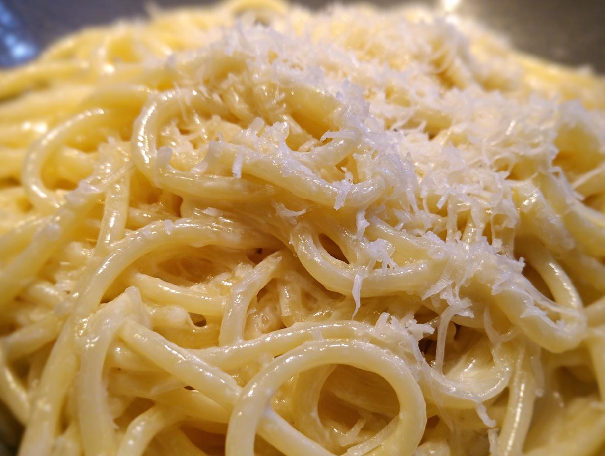 Close-up of creamy spaghetti noodles coated in sauce and topped with freshly grated parmesan pasta.