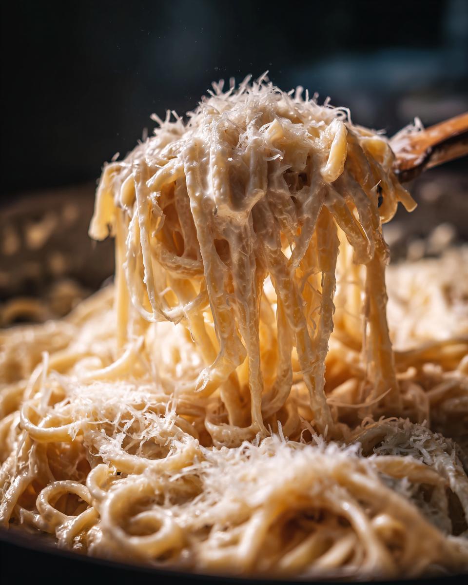 Close-up of creamy parmesan pasta being lifted high by a wooden spoon, generously topped with grated cheese.