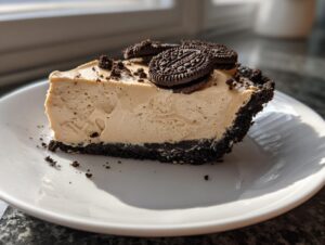 A thick slice of creamy peanut butter pie with a dark chocolate crust, topped with mini Oreos.