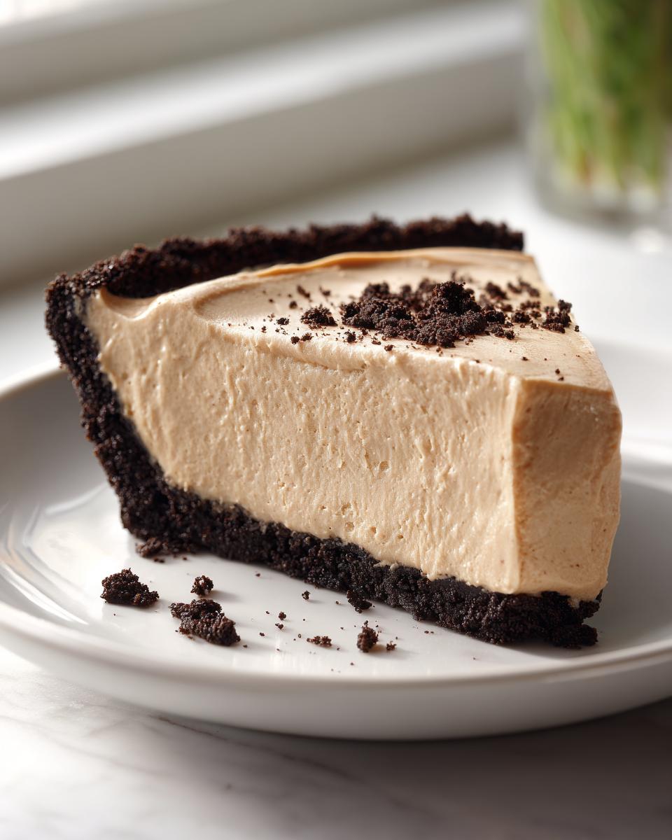 A tall slice of decadent peanut butter pie with a dark chocolate crust, served on a white plate.