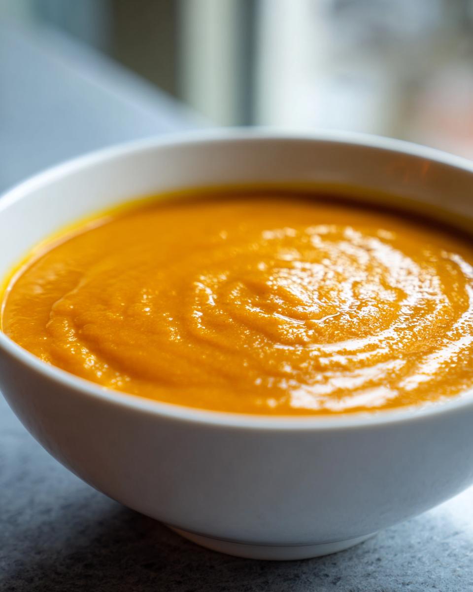 Close-up of a rich, bright orange pumpkin soup with swirls in a white bowl.