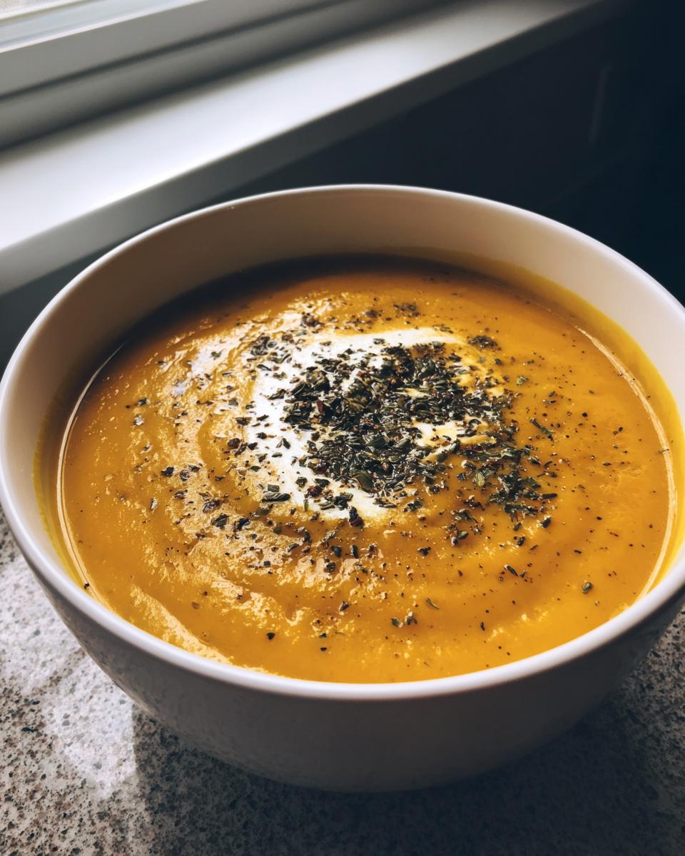 Close-up of a rich orange pumpkin soup in a white bowl, topped with cream swirl and dried herbs.