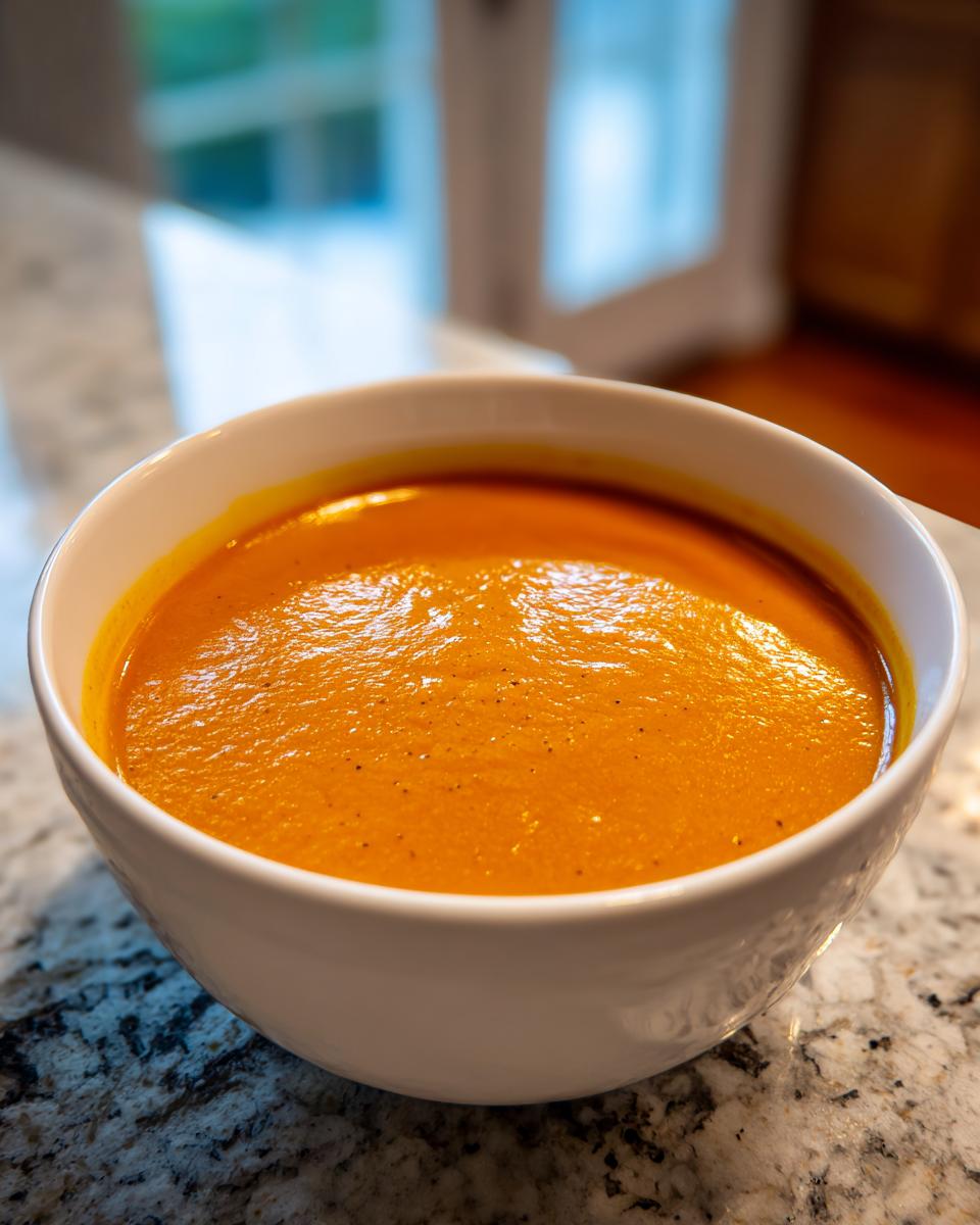 A close-up of a white bowl filled with rich, creamy orange pumpkin soup resting on a granite countertop.