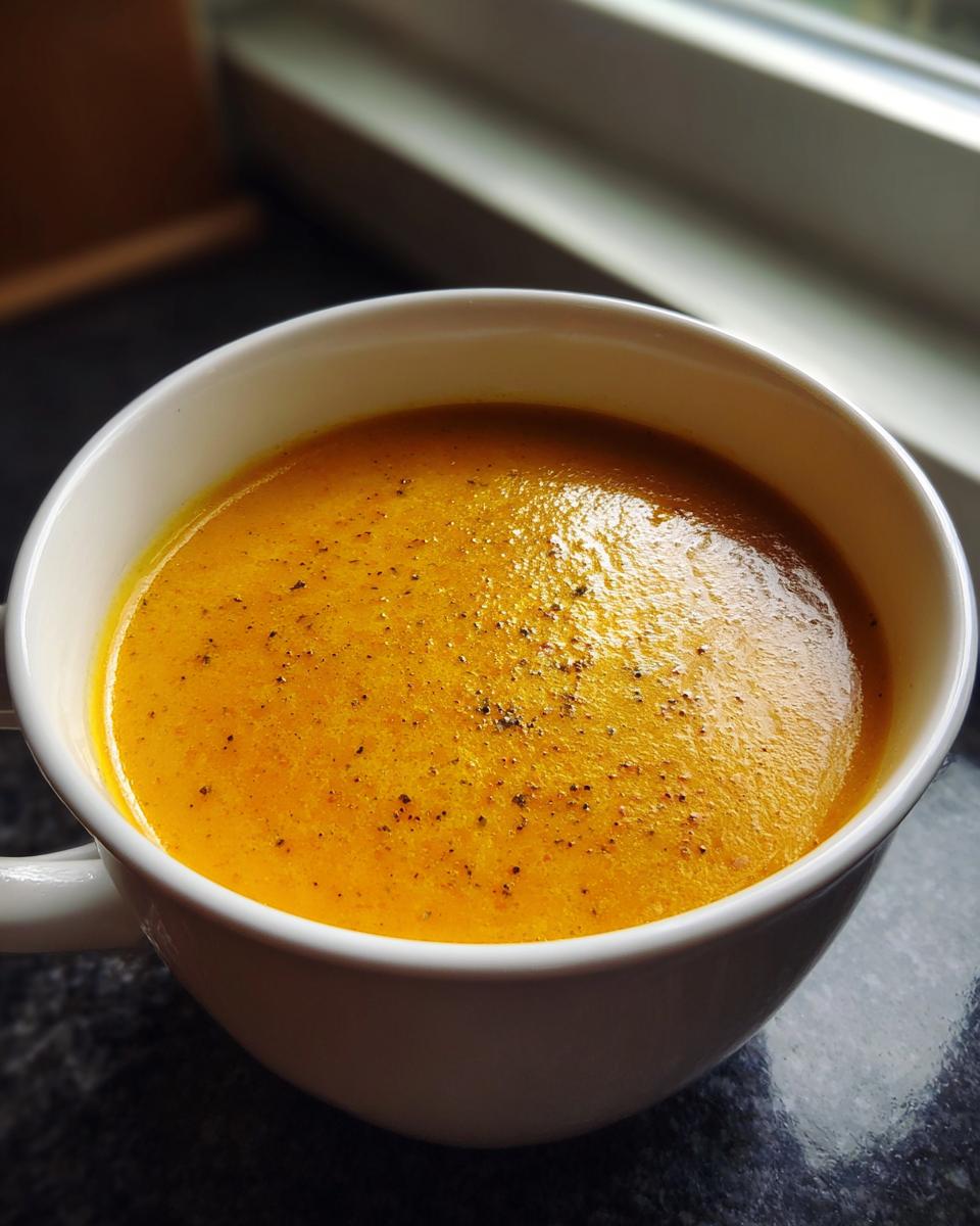 A close-up of creamy, vibrant orange pumpkin soup sprinkled with black pepper in a white mug.