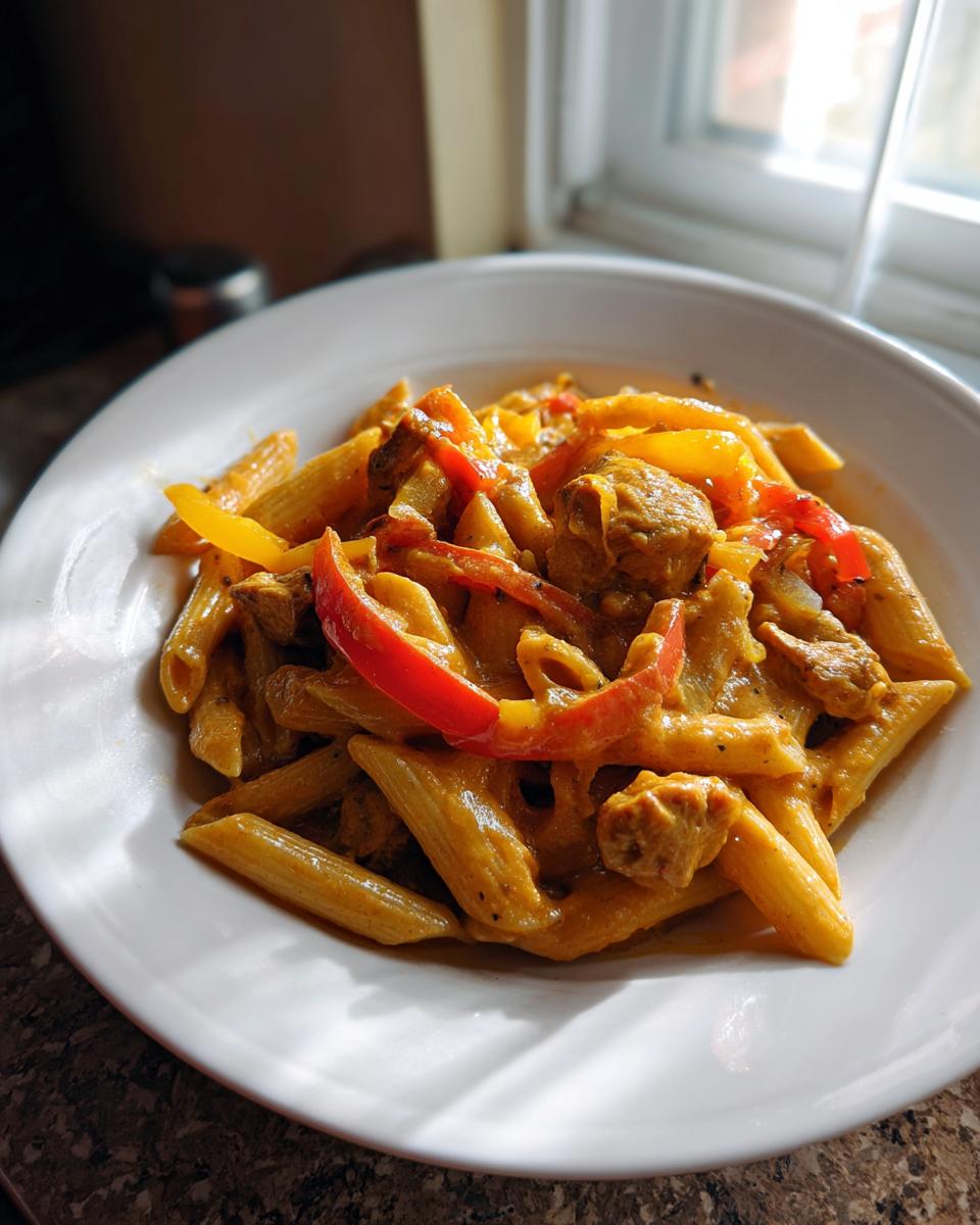 A close-up of creamy Rasta Pasta featuring penne, chunks of meat/protein, and bright red and yellow bell peppers.