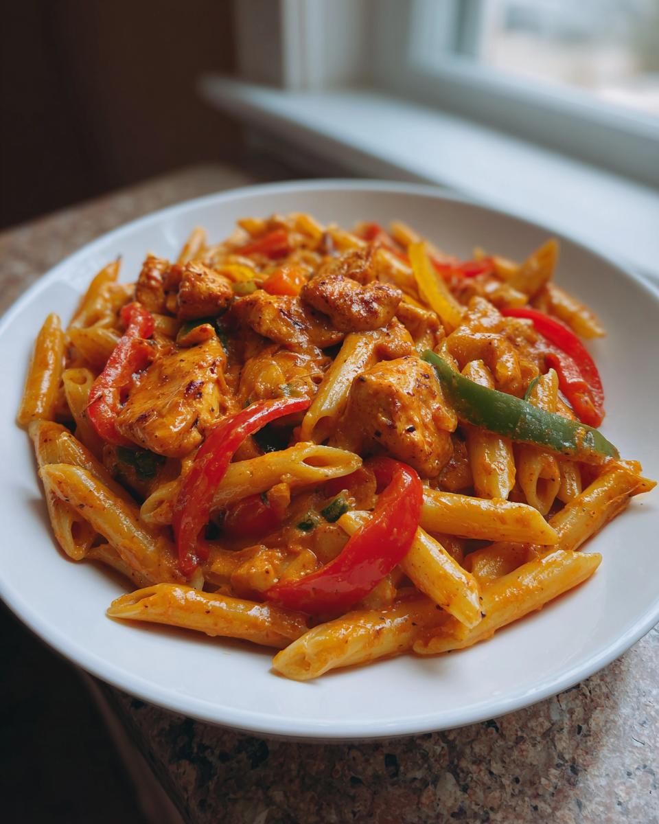 A close-up of creamy Rasta Pasta featuring penne, seasoned chicken chunks, and colorful bell pepper strips.