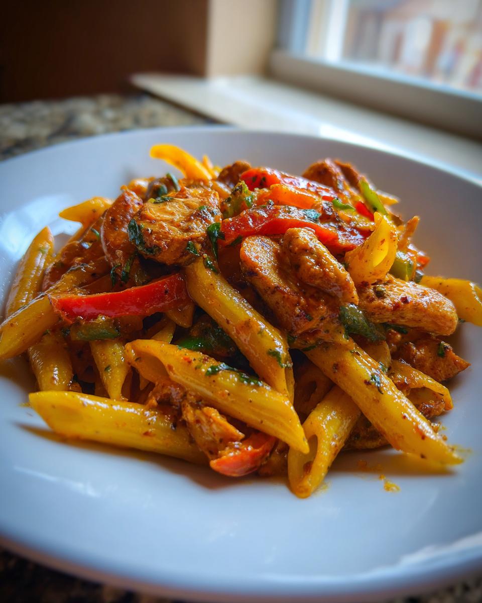 Close-up of a white bowl filled with creamy Rasta Pasta featuring penne, seasoned chicken pieces, and colorful bell peppers.