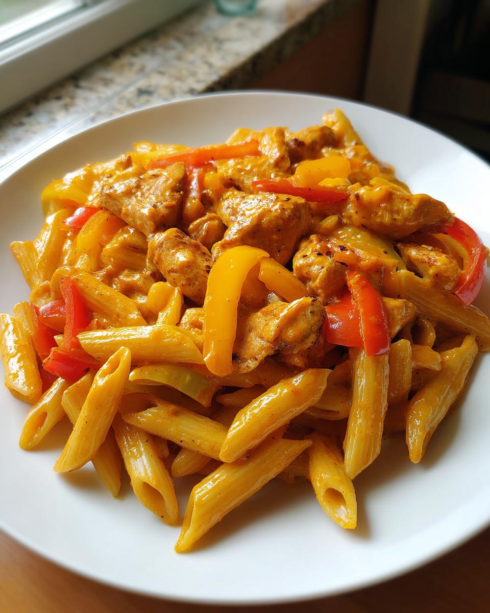 A close-up of creamy Rasta Pasta featuring penne, chicken pieces, and colorful red and yellow bell peppers.