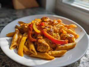 A serving of creamy Rasta Pasta featuring penne, chicken pieces, and vibrant red and yellow bell pepper strips.