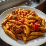 A close-up of creamy Rasta pasta featuring penne, colorful bell peppers, and browned chicken pieces served on a white plate.