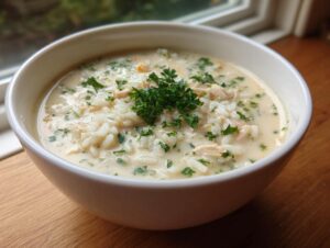Close-up of a white bowl filled with creamy rice soup, garnished generously with fresh parsley.