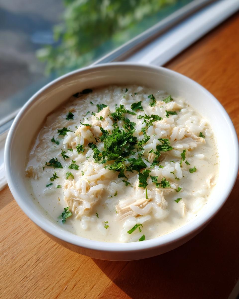 A close-up of a bowl of creamy rice soup, featuring white rice and shredded chicken, topped with fresh chopped parsley.
