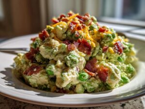 A mound of creamy pea salad mixed with avocado and topped generously with crumbled bacon and shredded cheddar cheese.