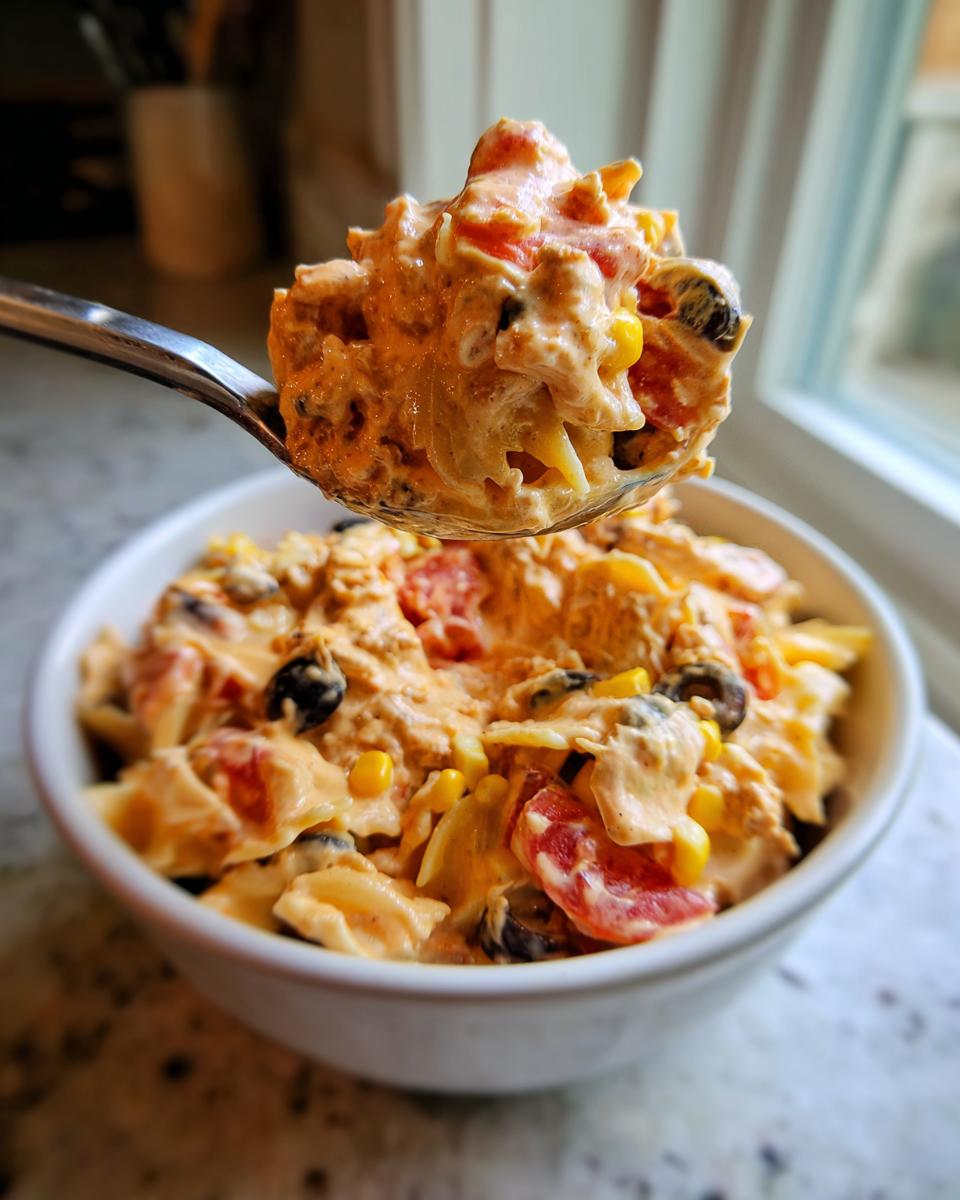 A spoonful of creamy taco pasta salad lifted above a white bowl filled with the same dish.