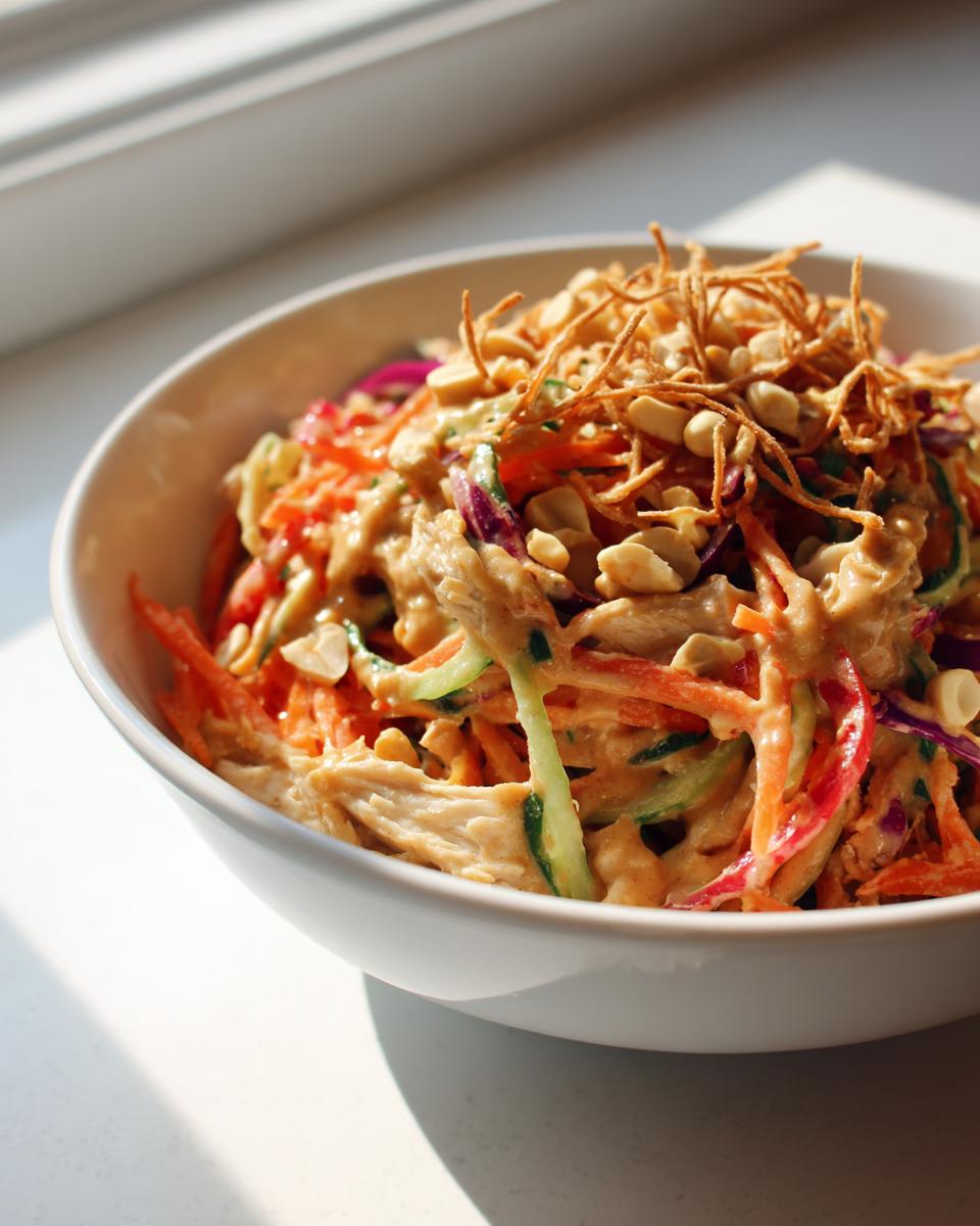 A close-up of a vibrant thai chicken salad tossed in peanut sauce, topped with crunchy noodles and chopped peanuts.