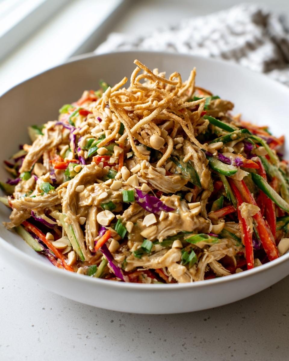 A close-up of a vibrant thai chicken salad tossed in peanut dressing, topped with crunchy noodles and peanuts.