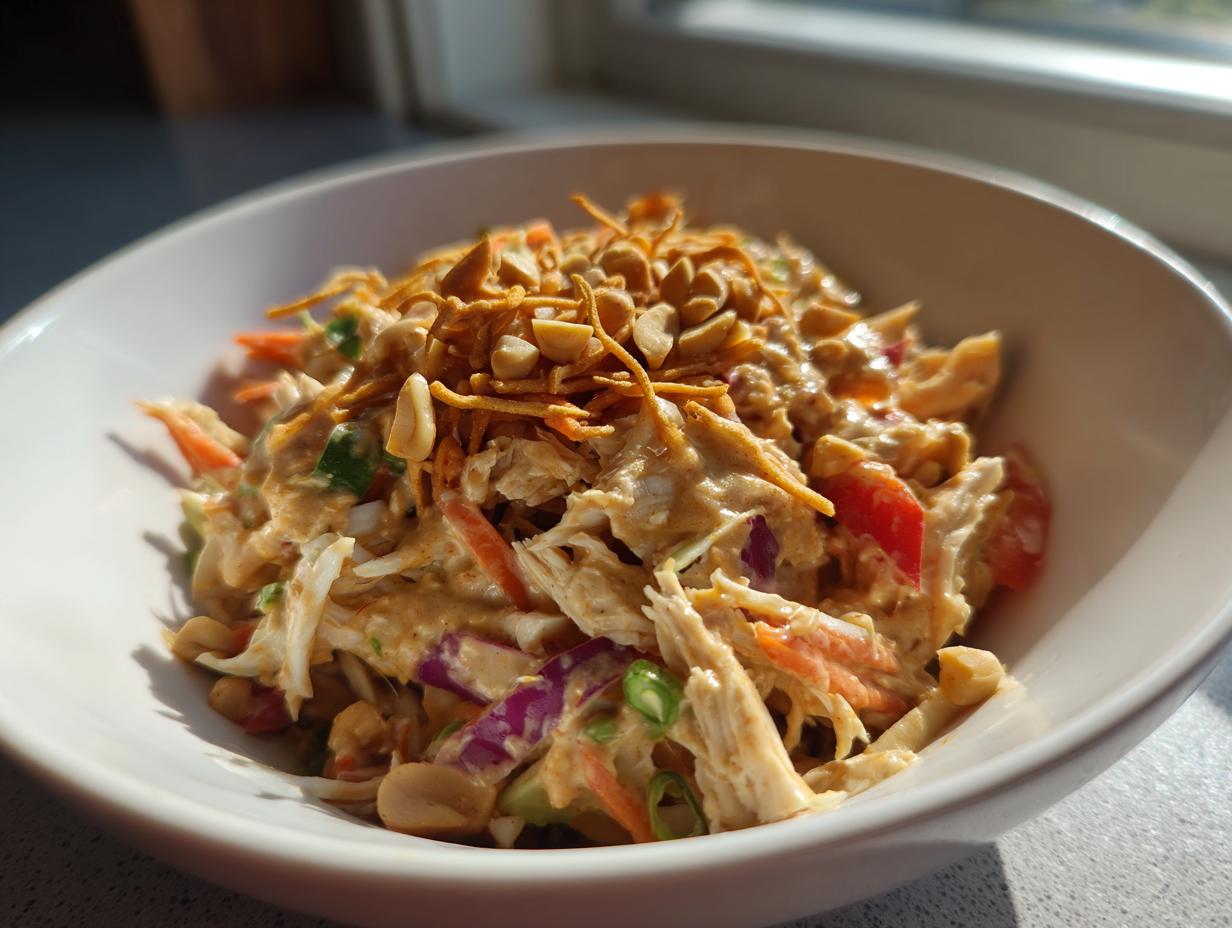 A close-up of a creamy thai chicken salad in a white bowl, topped with crushed peanuts and crispy fried noodles.