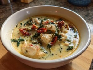 A close-up of a white bowl filled with creamy tuscan chicken soup, featuring chunks of chicken, spinach, and sun-dried tomatoes.