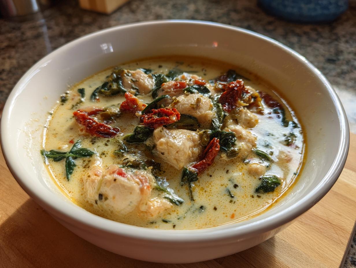 A close-up of a white bowl filled with creamy tuscan chicken soup, featuring chunks of chicken, spinach, and sun-dried tomatoes.
