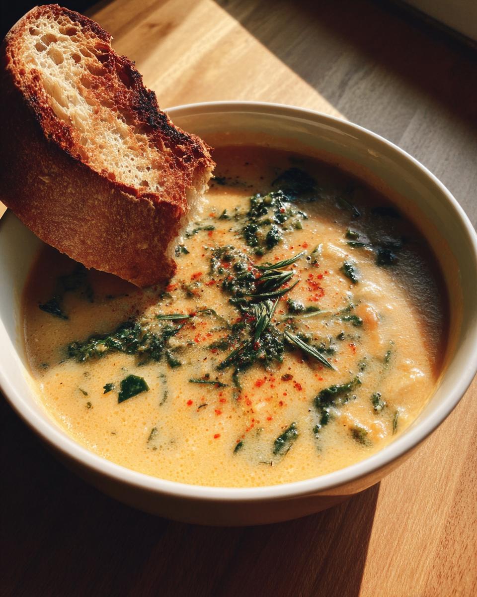 A bowl of creamy Tuscan white bean soup topped with kale, herbs, and paprika, served with a slice of toasted bread.