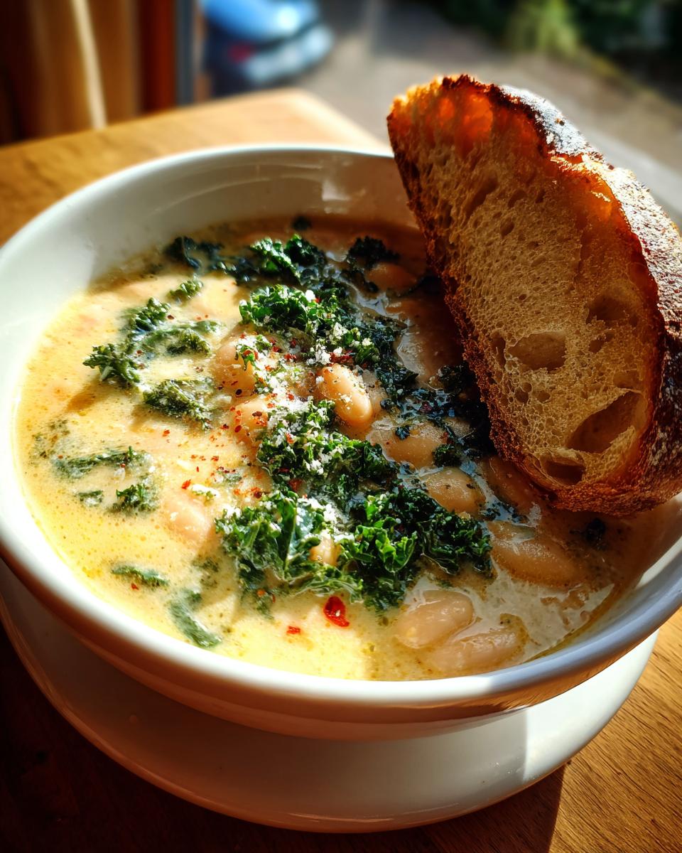 A close-up of creamy Tuscan white bean soup topped with kale and cheese, served with a slice of crusty bread.
