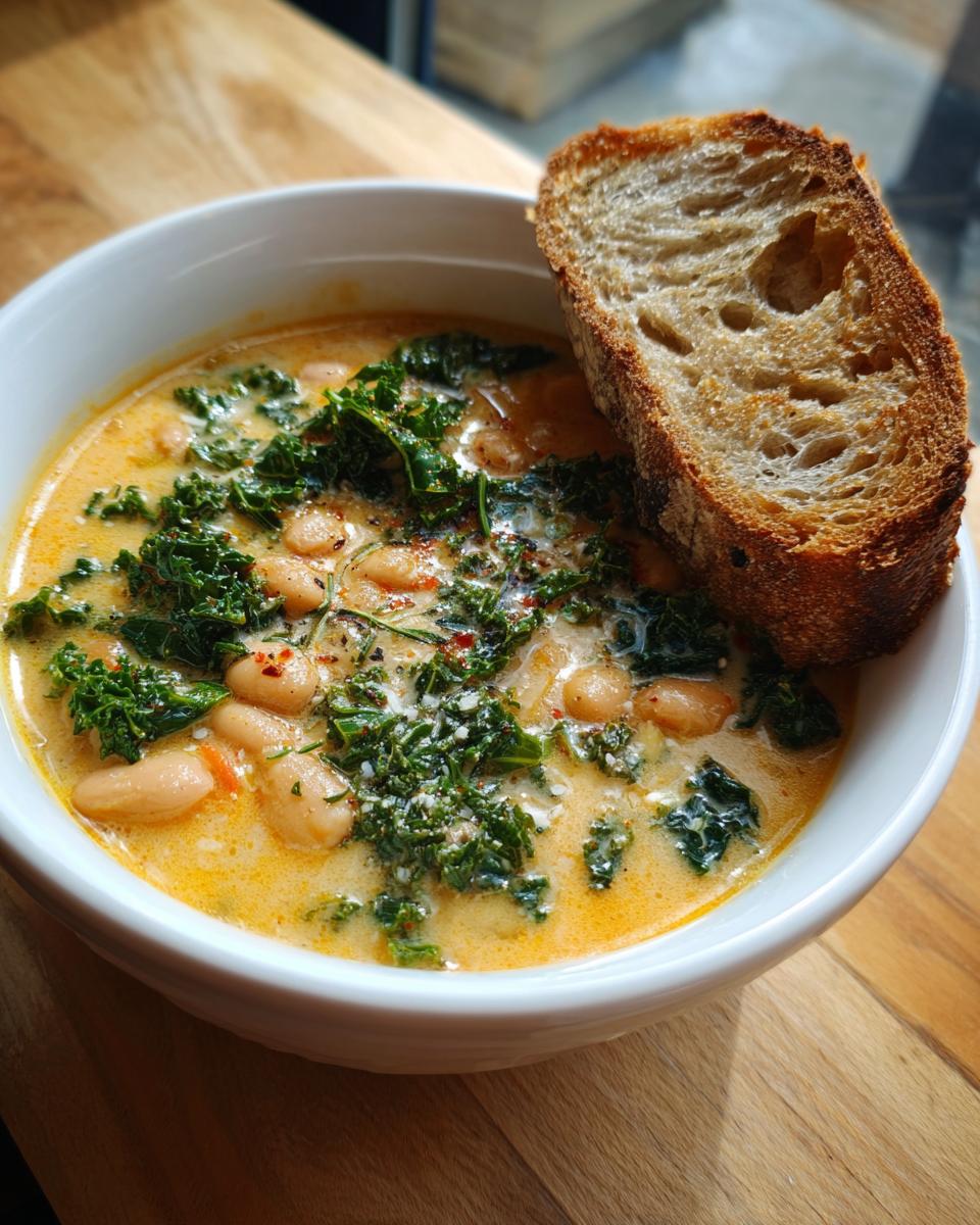 A creamy bowl of Tuscan white bean soup topped with kale and served with a slice of toasted sourdough bread.