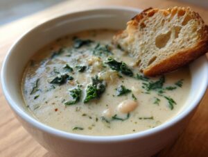 A creamy bowl of Tuscan white bean soup topped with kale and served with a slice of toasted bread.
