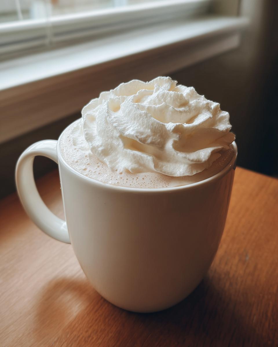 A white mug filled with creamy white hot chocolate topped high with whipped cream, sitting on a wooden surface.
