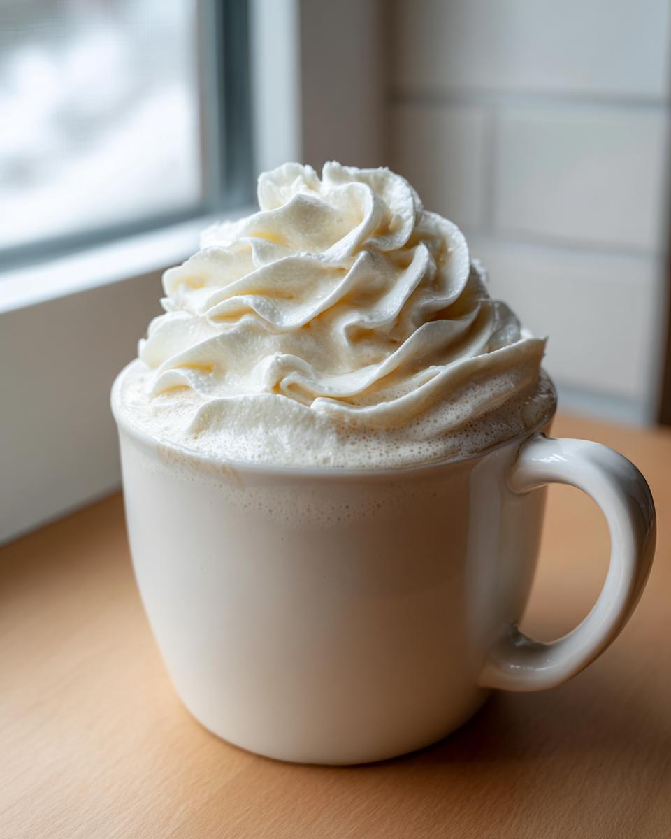A creamy white hot chocolate topped with a generous swirl of whipped cream in a white mug.