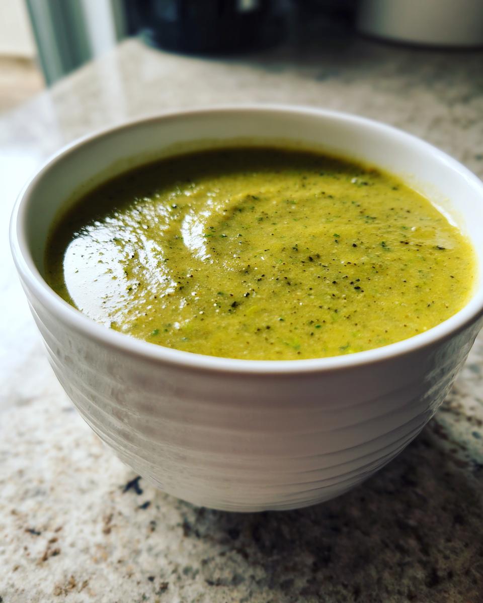 Close-up of a white bowl filled with vibrant green, creamy zucchini soup, speckled with black pepper.