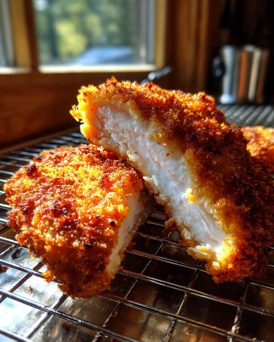 Close-up of perfectly cooked air fryer chicken, cut in half showing juicy white meat and crispy golden breading.
