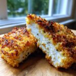 Close-up of two halves of crispy breaded air fryer chicken breast showing juicy white interior.