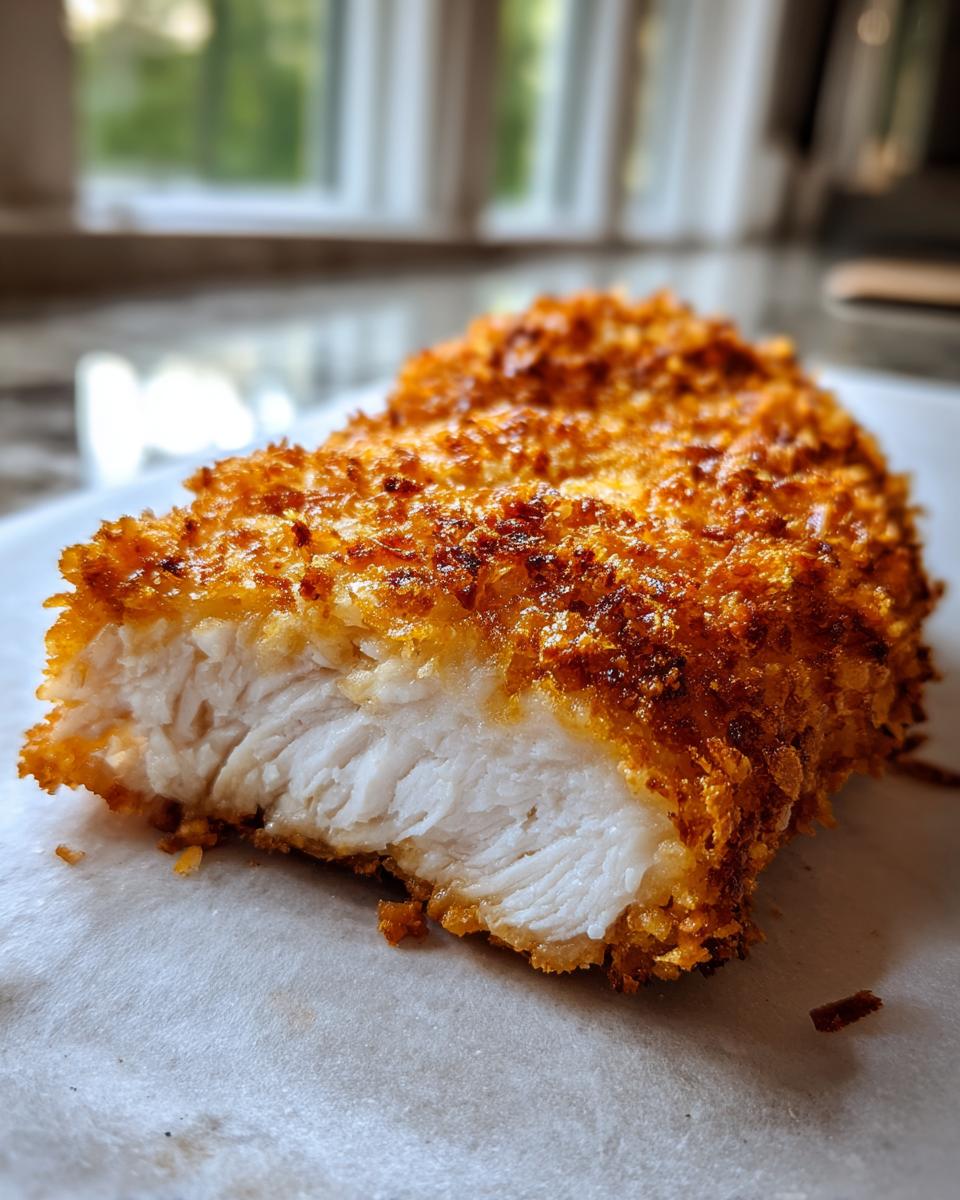 Close-up of a juicy, white cross-section of air fryer chicken with a perfectly golden, crispy breading.