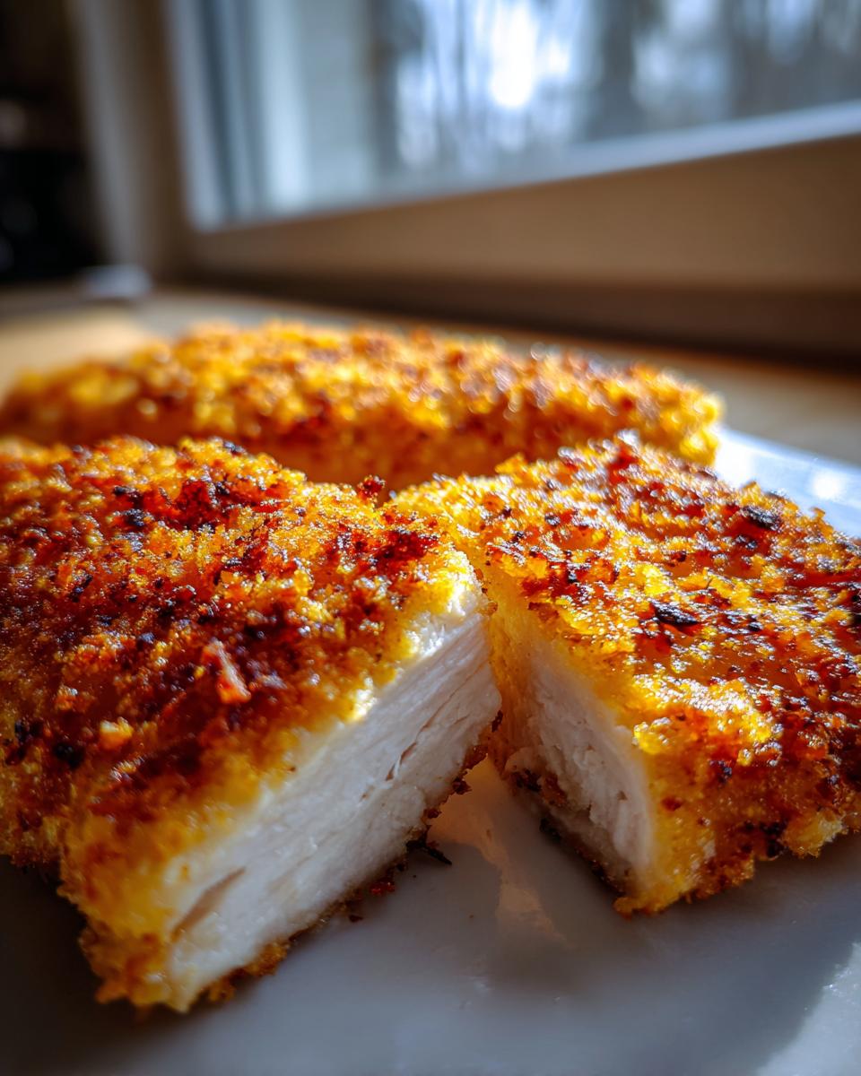 Close-up of crispy, golden-brown air fryer chicken breast cut in half showing juicy white meat inside.