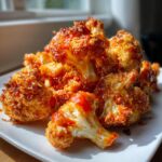 Close-up of crispy, golden-brown buffalo cauliflower florets drizzled with bright orange buffalo sauce.