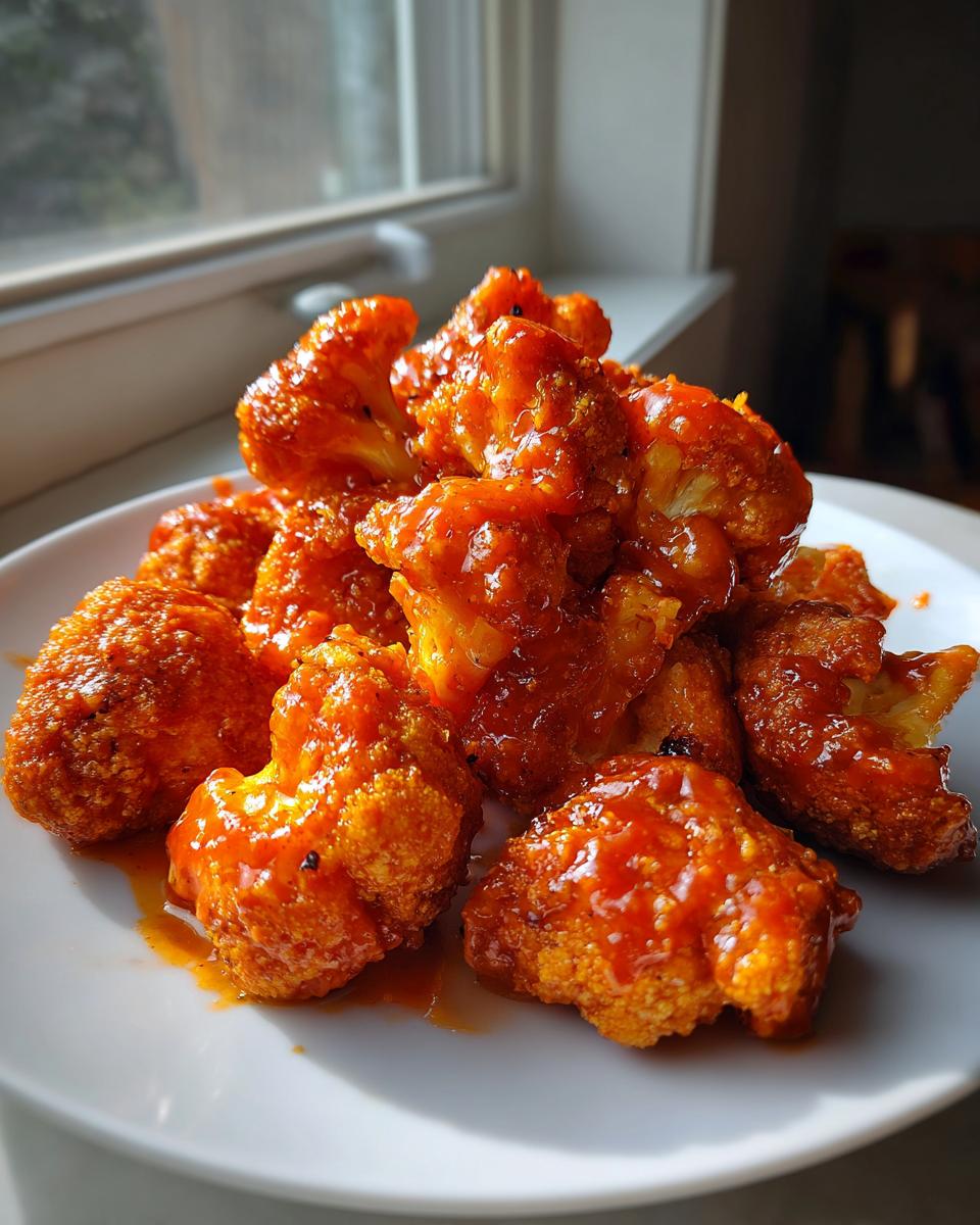 A pile of crispy, bright orange buffalo cauliflower bites generously coated in sauce, served on a white plate.