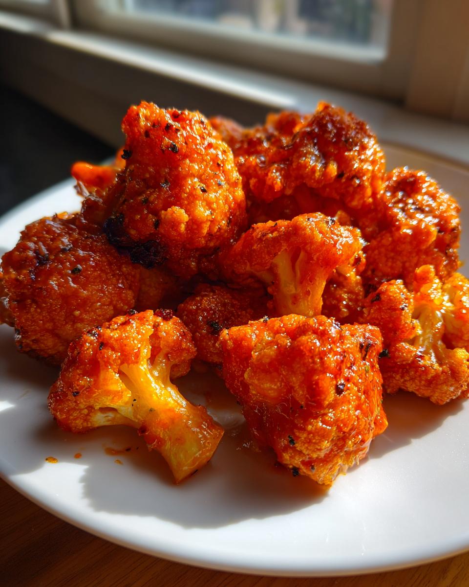 Close-up of crispy, bright orange buffalo cauliflower pieces piled on a white plate, glistening with sauce.