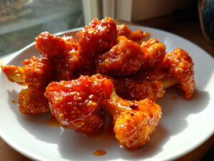 Close-up of crispy, saucy buffalo cauliflower bites piled on a white plate, glistening under natural light.