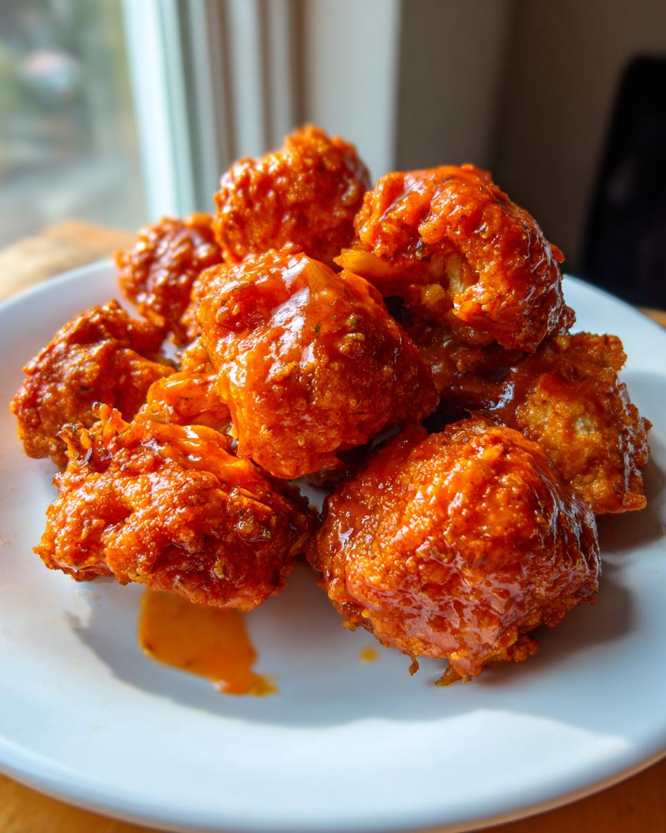 Close-up of several crispy, bright orange buffalo cauliflower bites piled on a white plate.