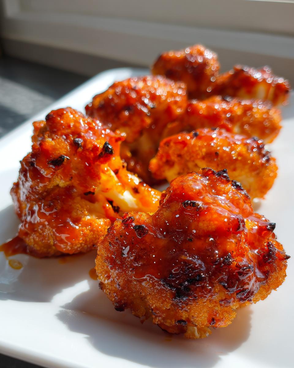 Close-up of several crispy, saucy buffalo cauliflower florets piled on a white plate.