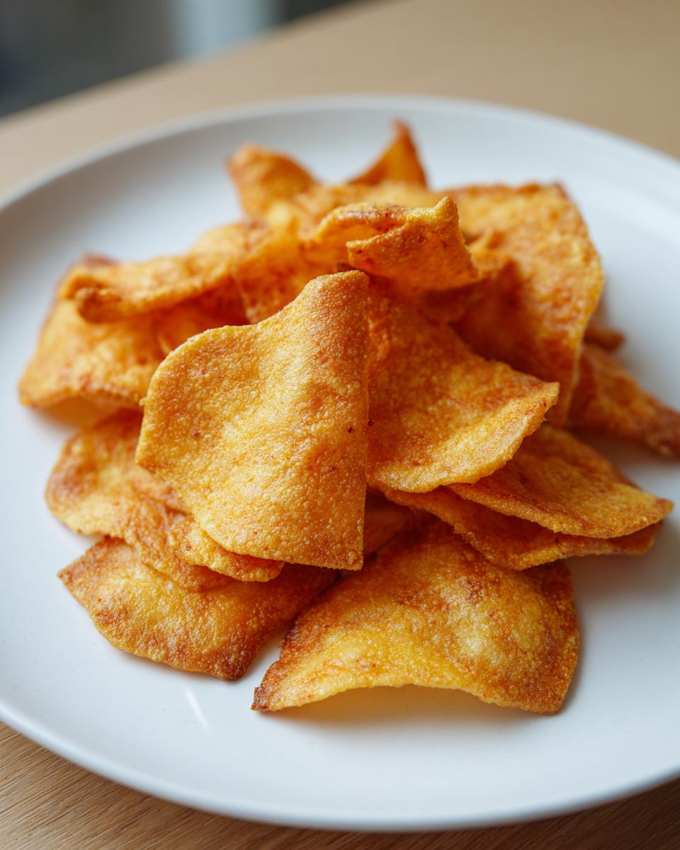 A close-up of a pile of golden, crispy homemade cheese crackers served on a simple white plate.