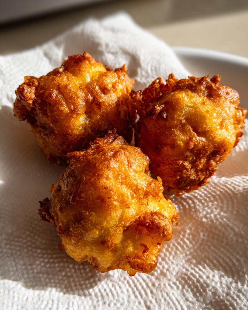 Close-up of three golden brown, irregularly shaped, crispy fried corn dog bites resting on a white paper towel.