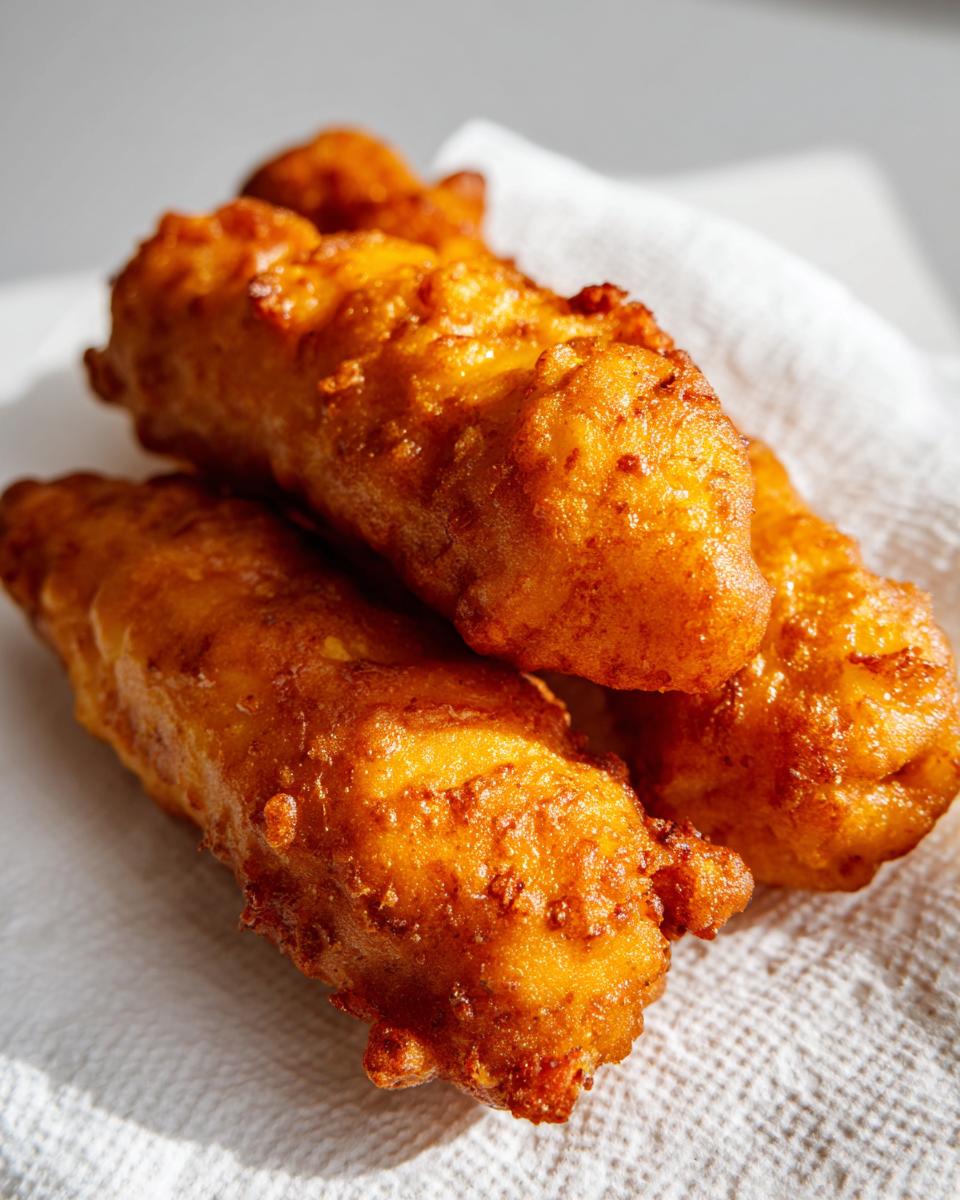 Close-up of three freshly fried, golden brown corn dogs resting on a white paper towel to drain excess oil.