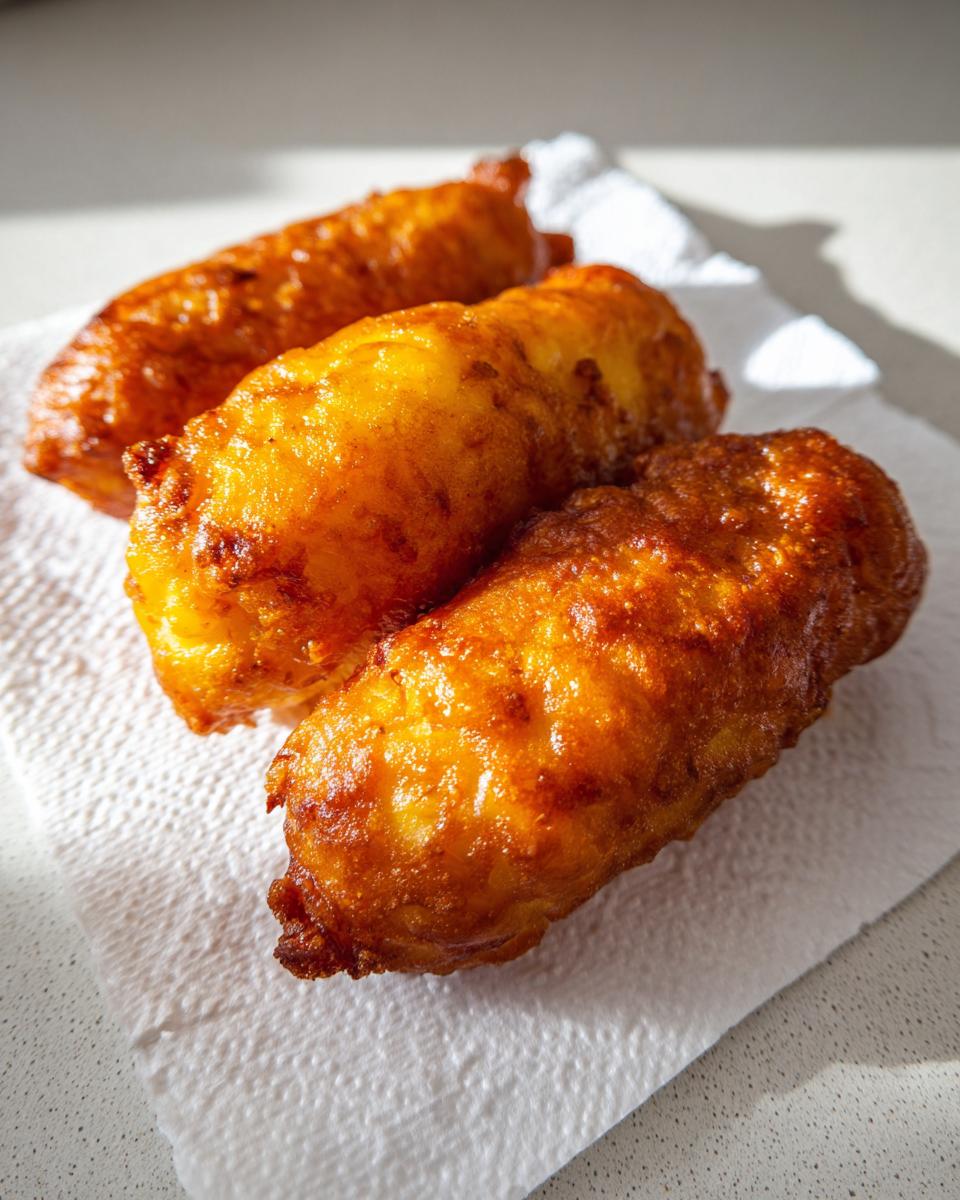 Three golden brown, freshly fried corn dogs resting on a white paper towel to drain excess oil.