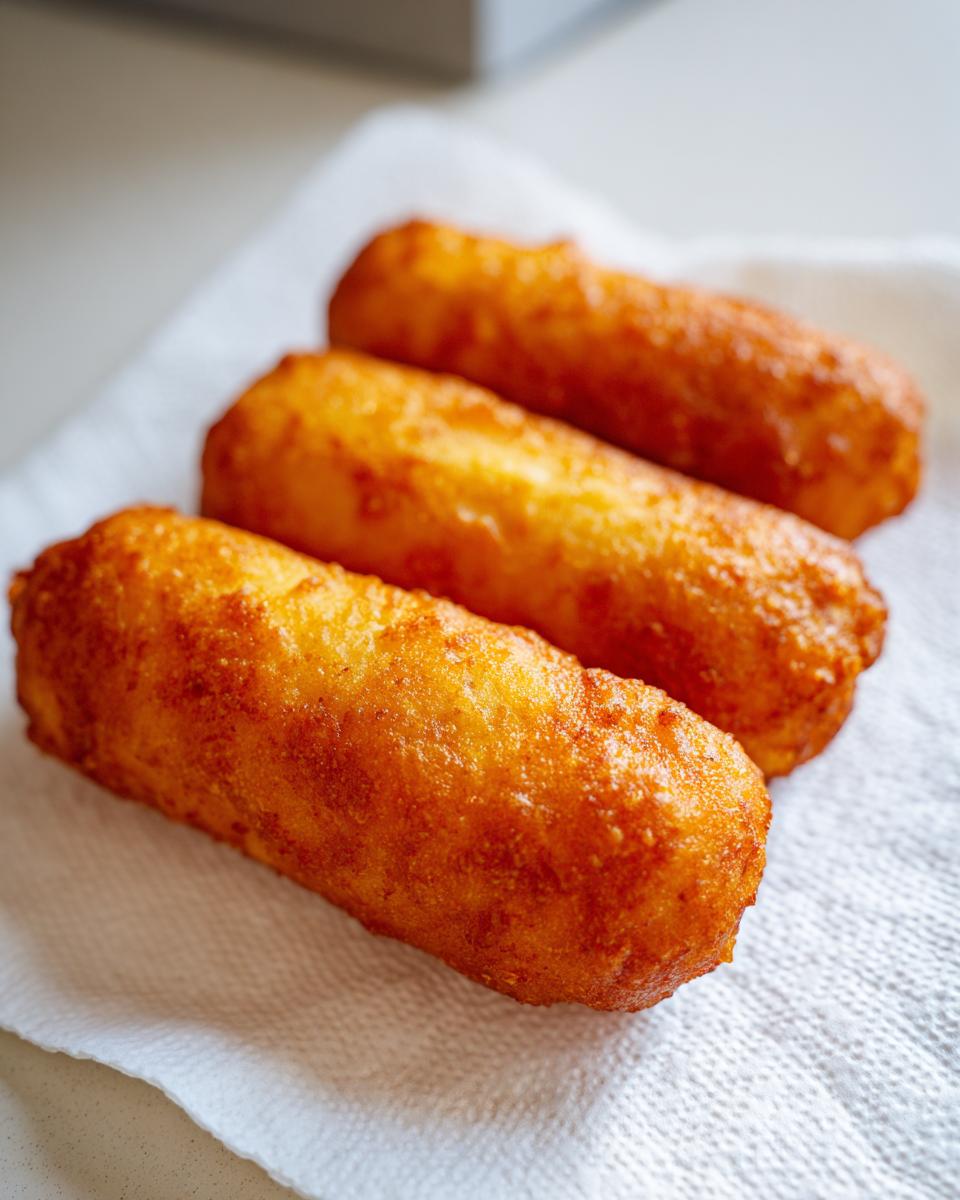 Close-up of three freshly fried, golden brown corn dogs resting on a white paper towel.