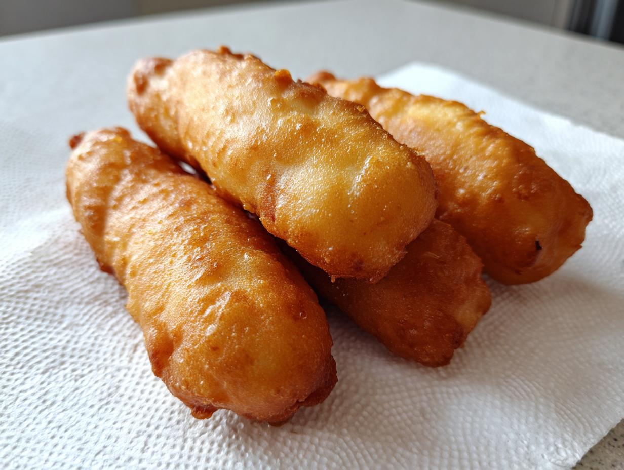 A close-up of several freshly fried, golden brown homemade corn dogs resting on a white paper towel.