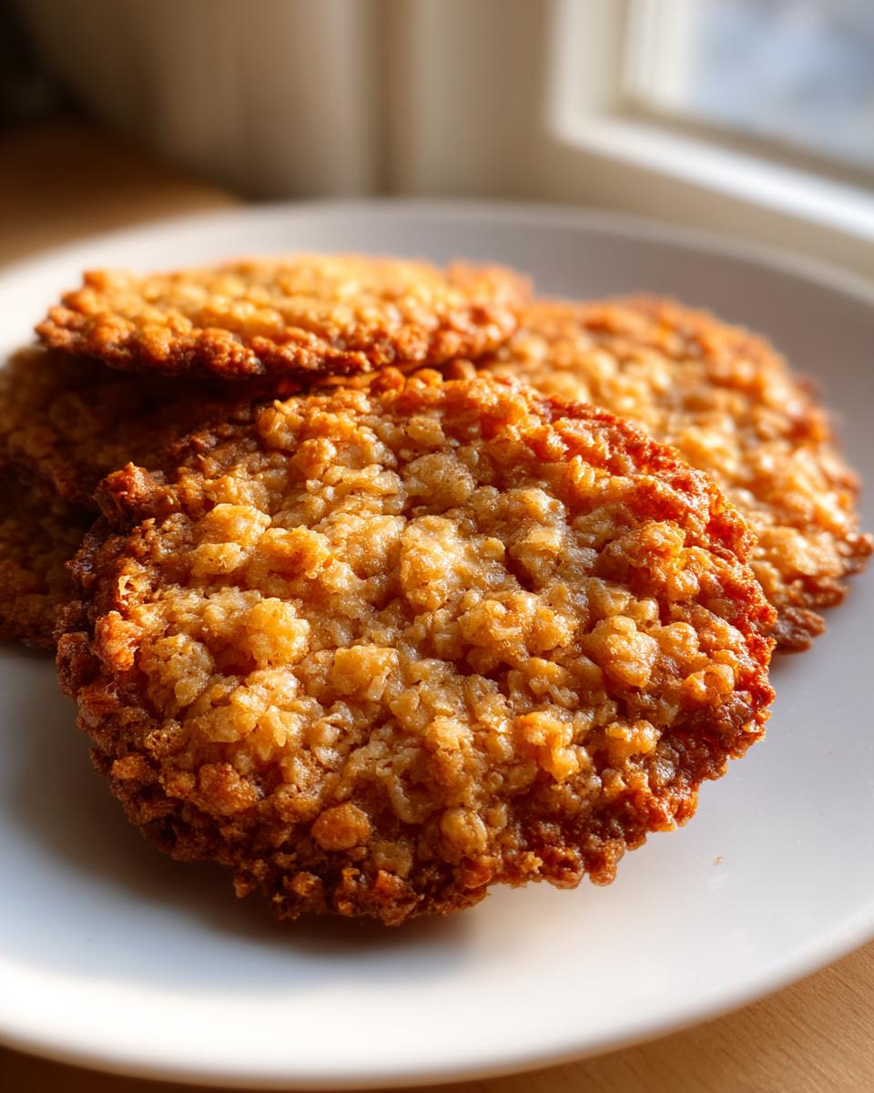 Close-up of several golden brown, crispy oatmeal lace cookies stacked slightly on a white plate near a window.